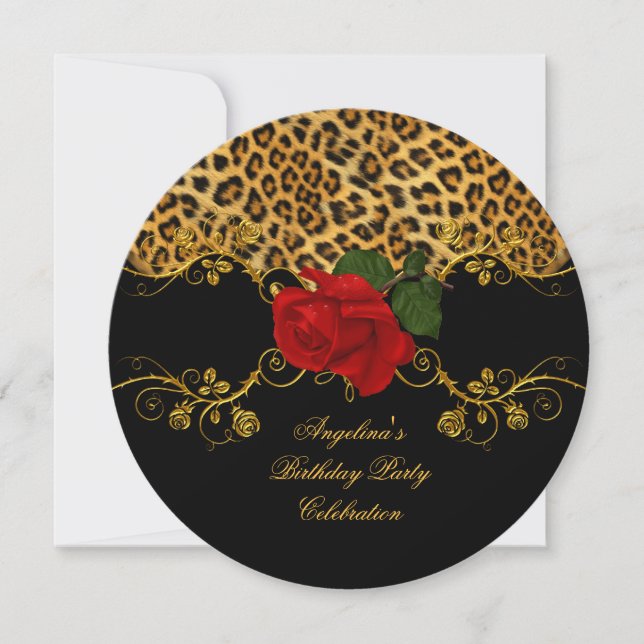 Convites Rosas Leopard Vermelho Preto Dourado Festa de Aniv (Frente)