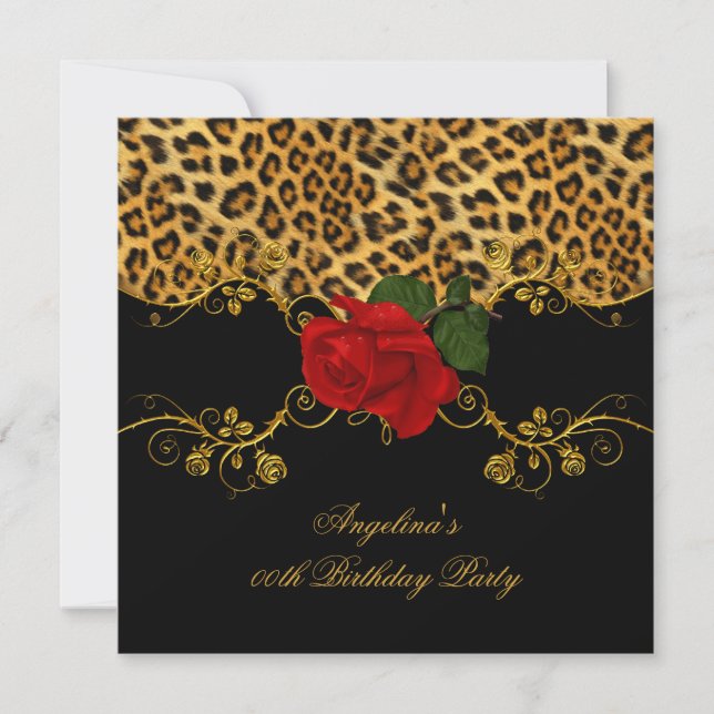 Convites Rosas Leopardinas Vermelhas Pretas Douradas Festa  (Frente)