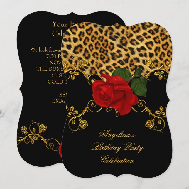 Convites Rosas Leopardinas Vermelhas Pretas Douradas Festa  (Frente/Verso)