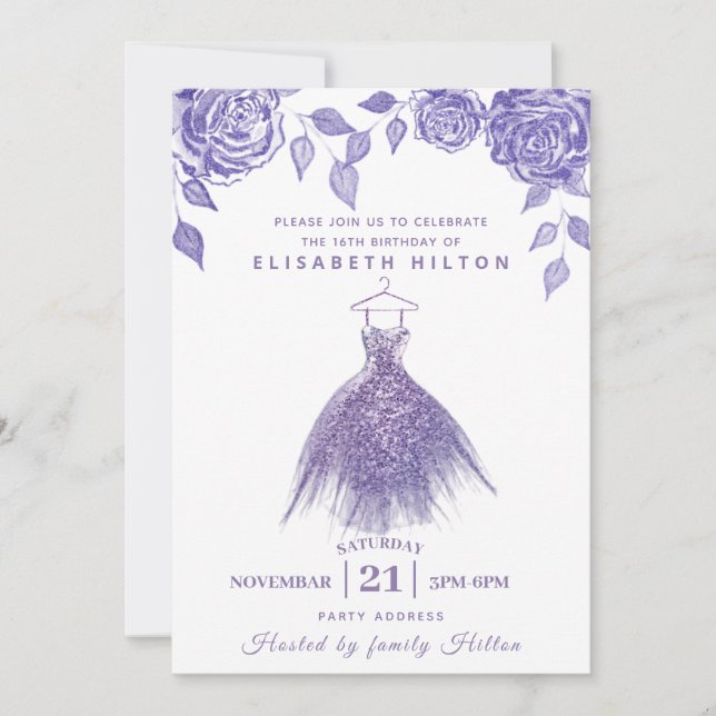 Convites Rosas Lilás modernos Glitter vestido doce dezessei (Frente)