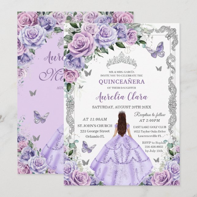 Convites Rosas Lilás Roxas Borboleta Princesa Quinceanera (Frente/Verso)
