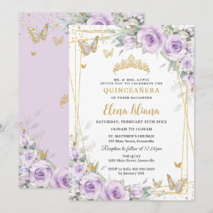 Convites Rosas Lilás Roxas Suaves Floral Dourado Quinceañer