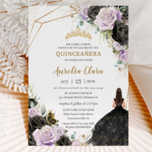 Convites Rosas Lilases Negros Quinceañera Floral Doce Dezes