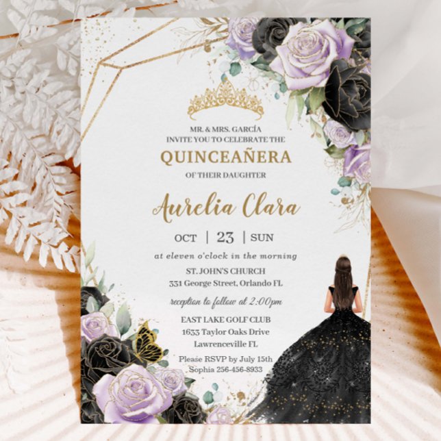Convites Rosas Lilases Negros Quinceañera Floral Doce Dezes (Criador carregado)