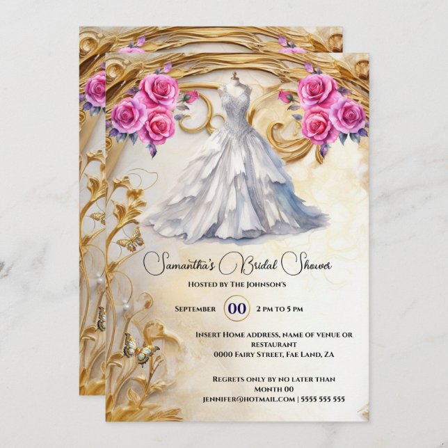 Convites Rosas luxuosos de aveia-brida cor-de-rosa (Frente/Verso)