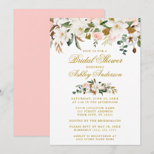 Convites Rosas Magnolias Chás de panela Elegante Rosa Dour