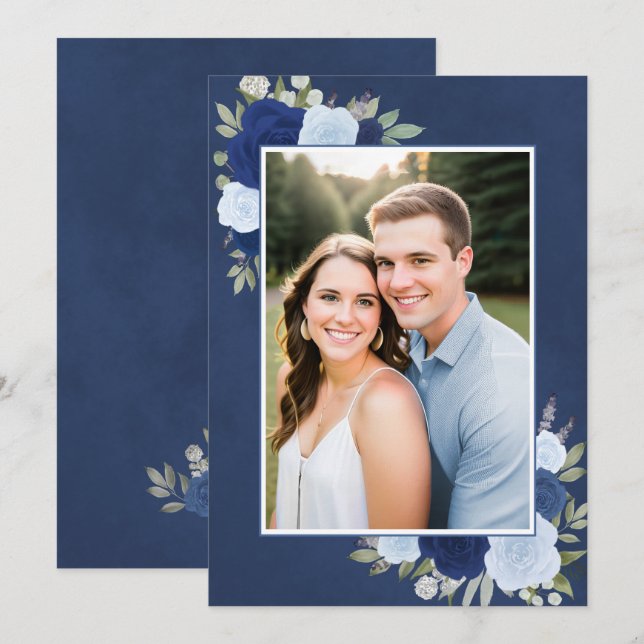 Convites Rosas Marbled Blue Boho Foto Underlay Casamento (Frente/Verso)