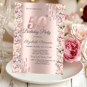 Convites Rosas Moldura Pingos Dourado Rosa Aniversário de 5