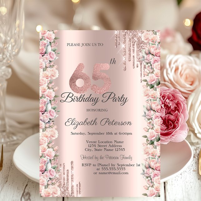 Convites Rosas Moldura Pingos Rosa Dourado 65º Aniversário (Criador carregado)
