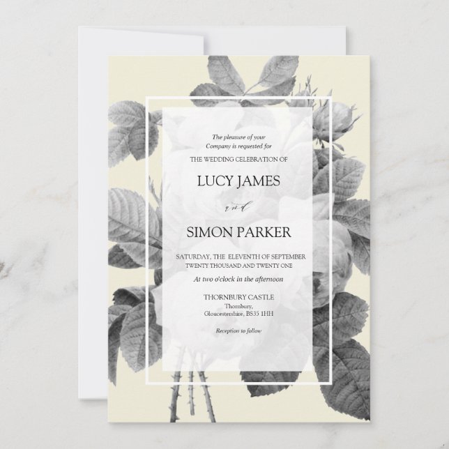 Convites Rosas monocromáticos Elegante francês Vintage (Frente)