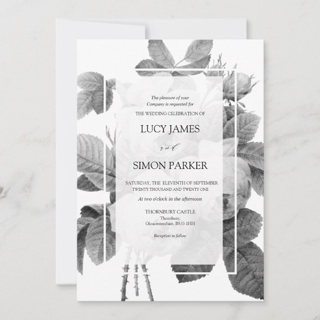 Convites Rosas monocromáticos Elegante francês Vintage (Frente)