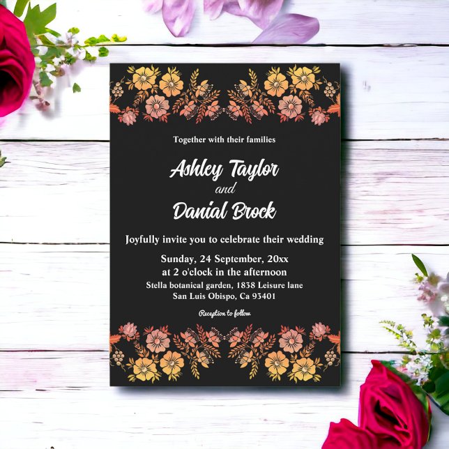Convites Rosas Negra Boho Neon Casamento Floral Romântico (Criador carregado)