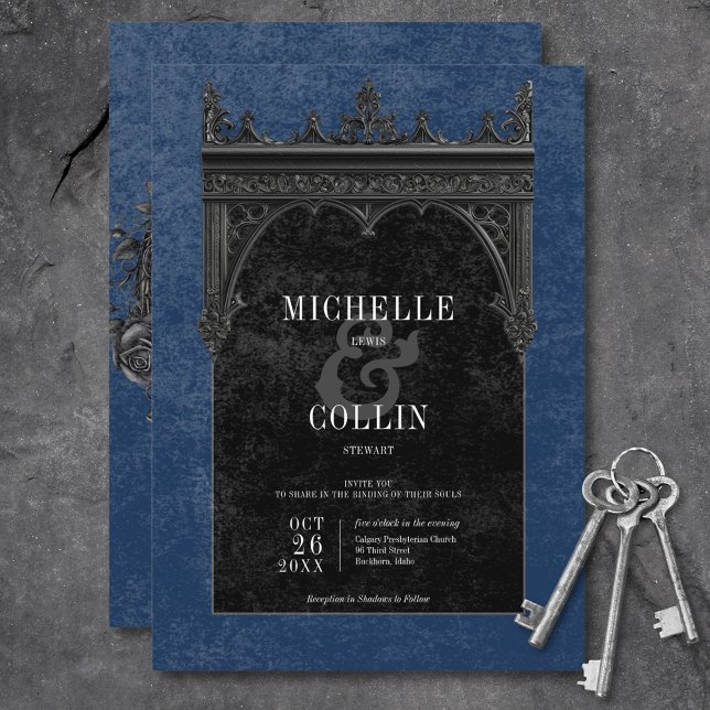Convites Rosas Negras de Arca Dupla Preta Gótica Casamento  (Gothic Black Double Arch Black Roses Blue Wedding Invitation)