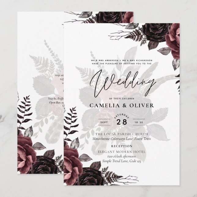 Convites Rosas Negras Escuros de Borgonha Queda Inverno (Frente/Verso)