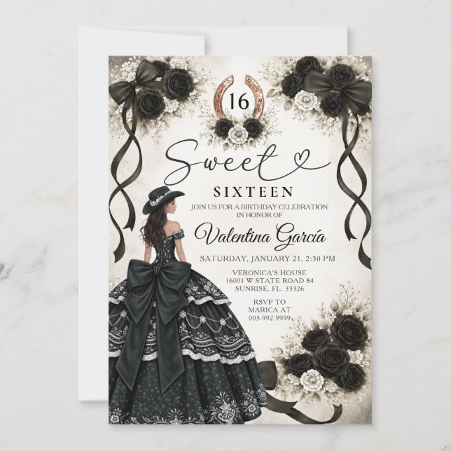 Convites Rosas Negras Ocidentais Princesa Sweet 16 Aniversá (Frente)