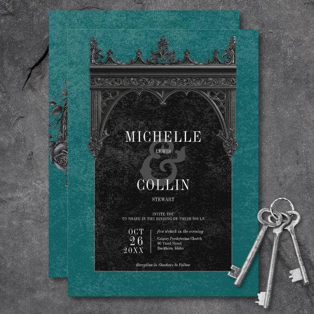 Convites Rosas Negros de Arco Duplo Gótico Casamento Teal (Gothic Black Double Arch Black Roses Teal Wedding Invitation)
