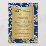 Convites rosas ouros no 65º aniversário azul<br><div class="desc">rosas de Inglês ouros sobre fundo azul 65º Convite de Aniversário de Casamento</div>