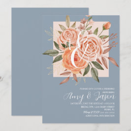 Convites Rosas Peachy Florais em Aquarela Azul Desbotado Ca