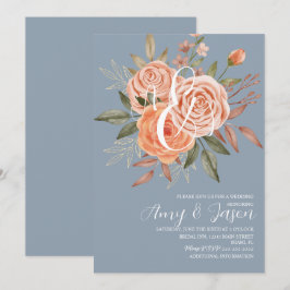 Convites Rosas Peachy Florais em Aquarela  Casamento Azul D