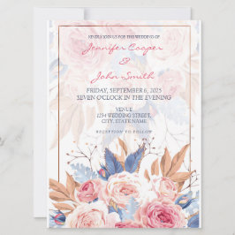 Convites Rosas Pink em Aquarela & Flores Azuis Casamento Ch