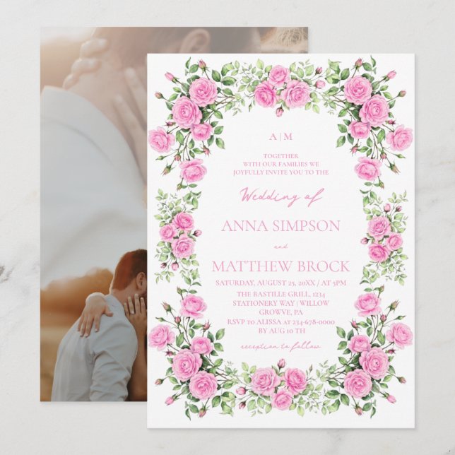 Convites Rosas Pink & Sage Elegantes Flores de Casamento (Frente/Verso)