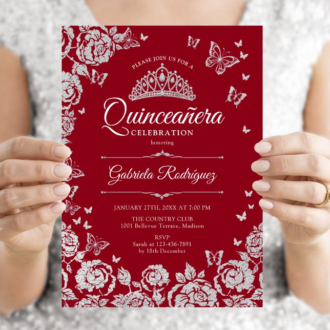 Convites Rosas Prateadas Borboletas Quinceanera (Criador carregado)