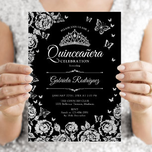 Convites Rosas Prateadas Borboletas Quinceanera Pretas