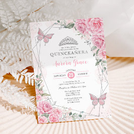 Convites Rosas Prateadas Rosa Borboleta Quinceañera Anivers