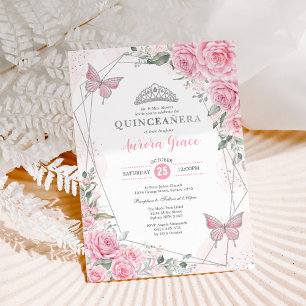Convites Rosas Prateadas Rosa Borboleta Quinceañera Anivers