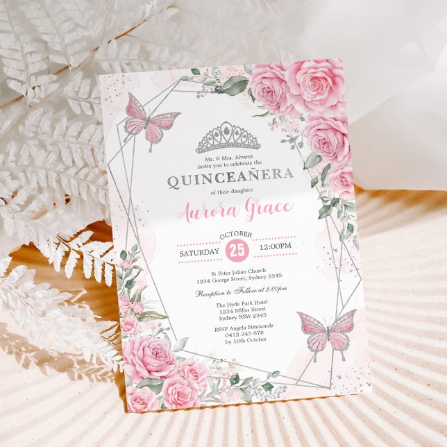 Convites Rosas Prateadas Rosa Borboleta Quinceañera Anivers (Criador carregado)