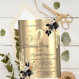 Convites Rosas Pretas Brilho Gotejando Dourado Aniversário