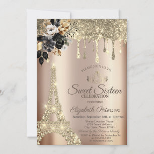 Convites Rosas Pretas Chic Torre Eiffel Dourado Gotejante D