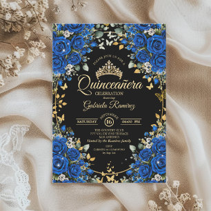 Convites Rosas Pretas e Azuis Reais Quinceañera Dourada