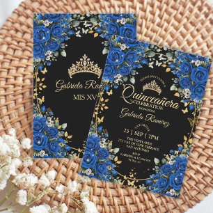 Convites Rosas Pretas e Azul Reais Golden Quinceañera