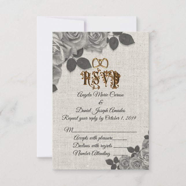Convites Rosas pretas e brancas em RSVP de casamento em lin (Frente)