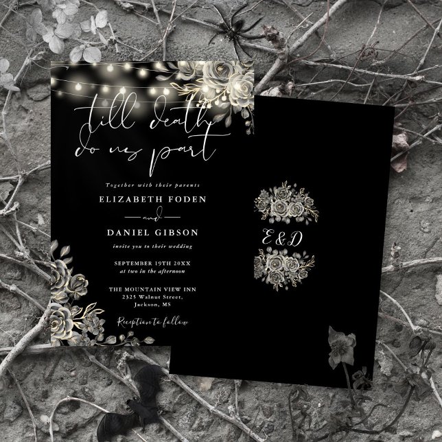 Convites Rosas Pretas e Brancas Luzes Florais Casamento Gót (Black And White Roses Floral Lights Gothic Wedding Invitation)