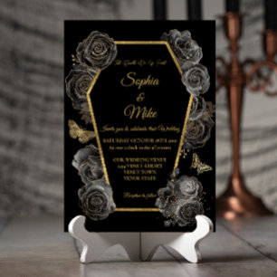 Convites Rosas Pretas e Douradas Caixão Elegante Casamento