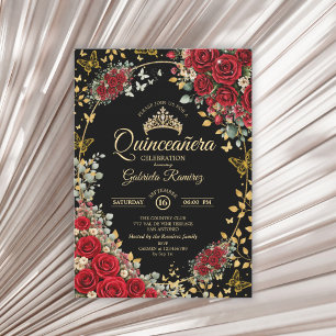 Convites Rosas Pretas e Vermelhas Borboletas Douradas Quinc