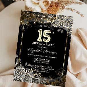 Convites Rosas Pretas Elegantes, Luzes Aniversário de 15 An