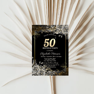 Convites Rosas Pretas Elegantes, Luzes Aniversário de 50 An