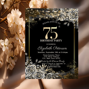 Convites Rosas Pretas Elegantes, Luzes Aniversário de 75 An