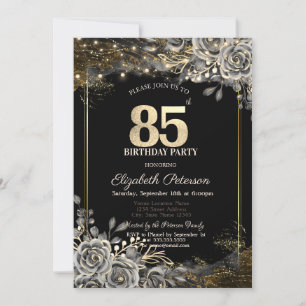 Convites Rosas Pretas Elegantes, Luzes Aniversário de 85 An