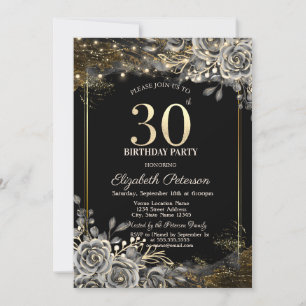 Convites Rosas Pretas Elegantes, Luzes de Corda Aniversário