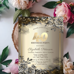 Convites Rosas Pretas Elegantes, Luzes de Corda Aniversário