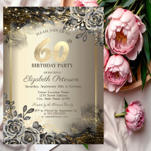 Convites Rosas Pretas Elegantes, Luzes de Corda Aniversário