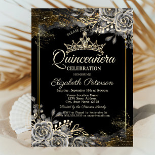 Convites Rosas Pretas Elegantes Quinceañera Gótica
