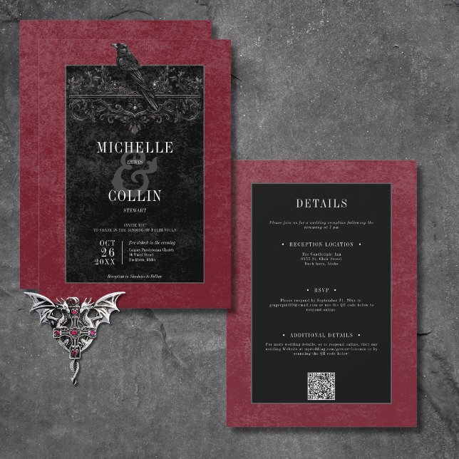 Convites Rosas Pretas Góticas, Raven e Negra, Vinho com Doi (Gothic Black Raven & Black Roses Wine All In One Invitation)
