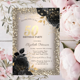 Convites Rosas Pretas, Luzes Moldura 50º Aniversário