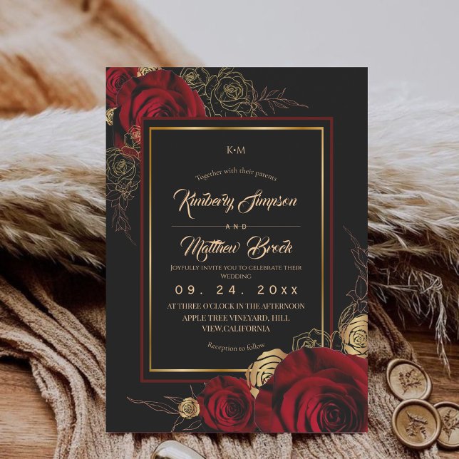 Convites Rosas Pretas Reais de Borgonha Casamento Boho (Criador carregado)