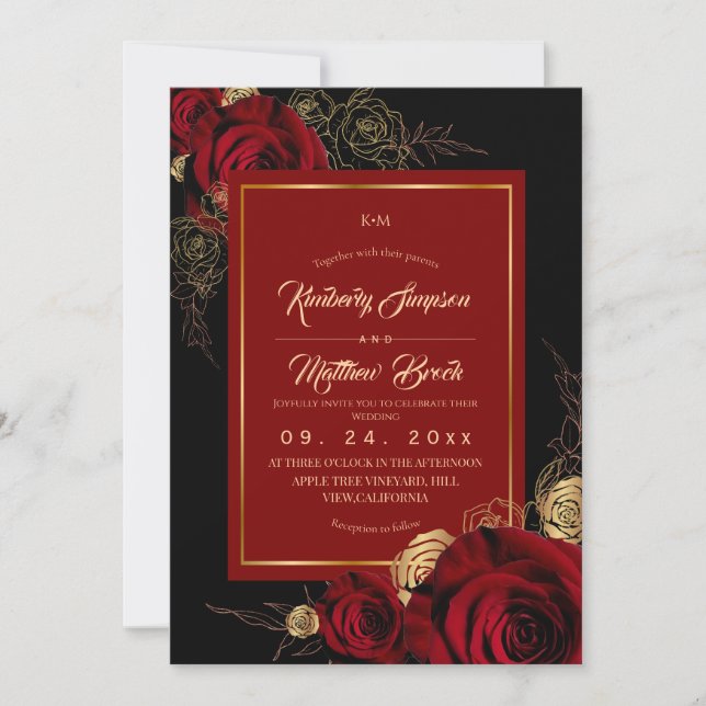 Convites Rosas Preto Borgonha Casamento Boho (Frente)